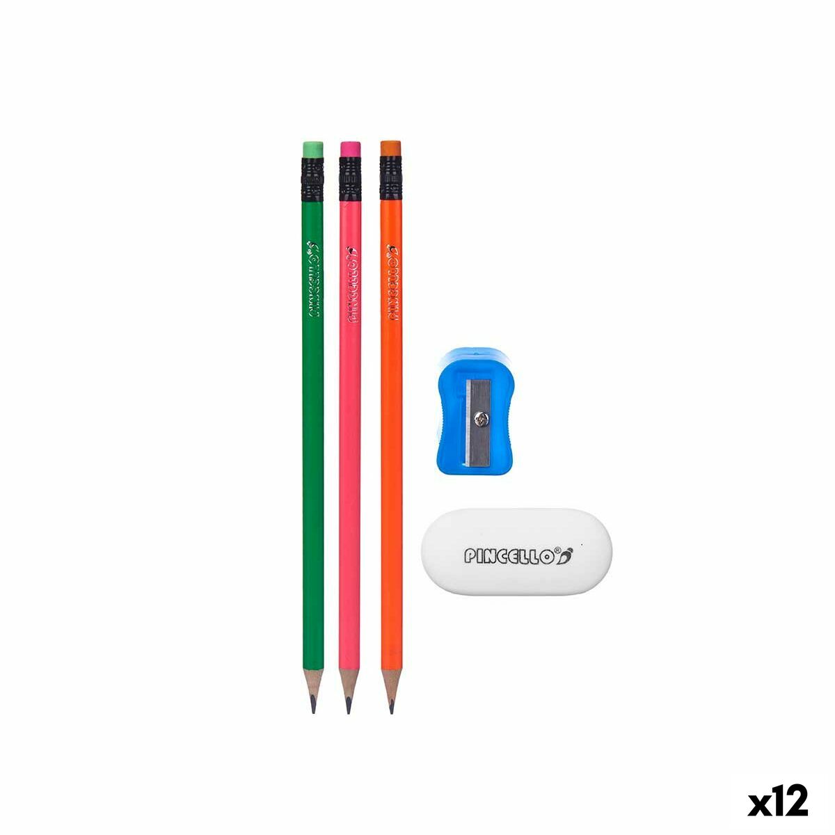 Pencil Set Pincello 477 Blue Red Green Orange Pencil Sharpener Eraser (12 Units)