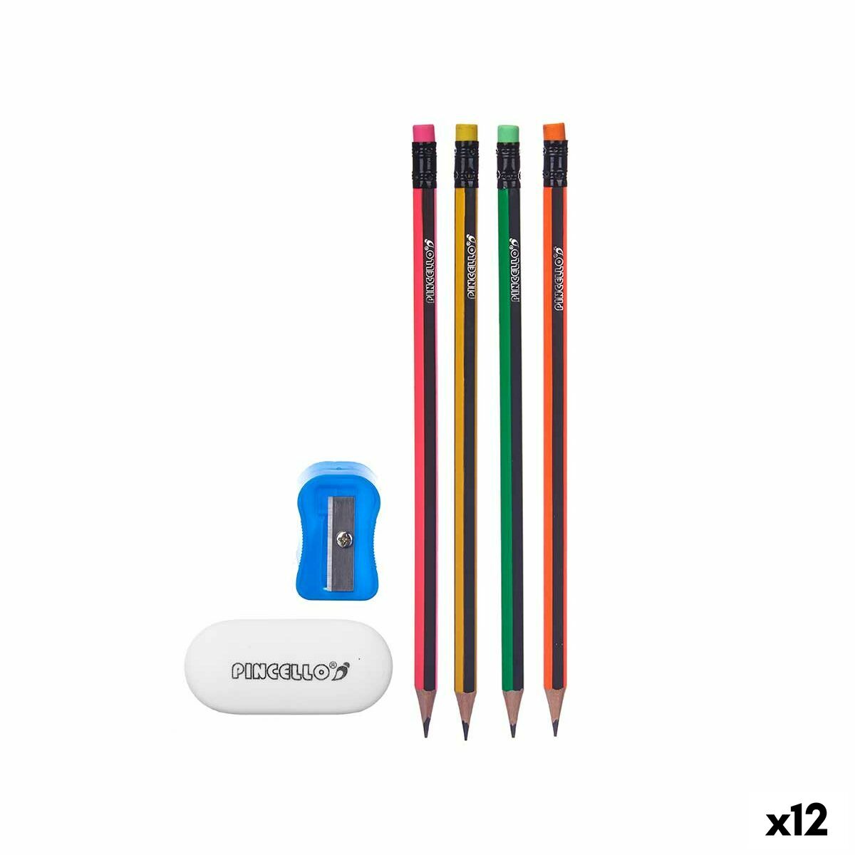 Pencil Set Pincello 476 Yellow Red Green Pencil Sharpener Eraser (12 Units)